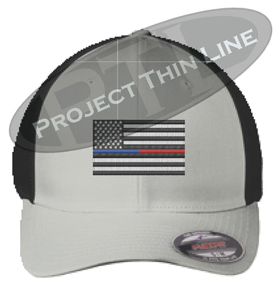 Grey / Black Embroidered Thin Blue / Red Line American Flag Flex Fit Fitted Trucker Hat