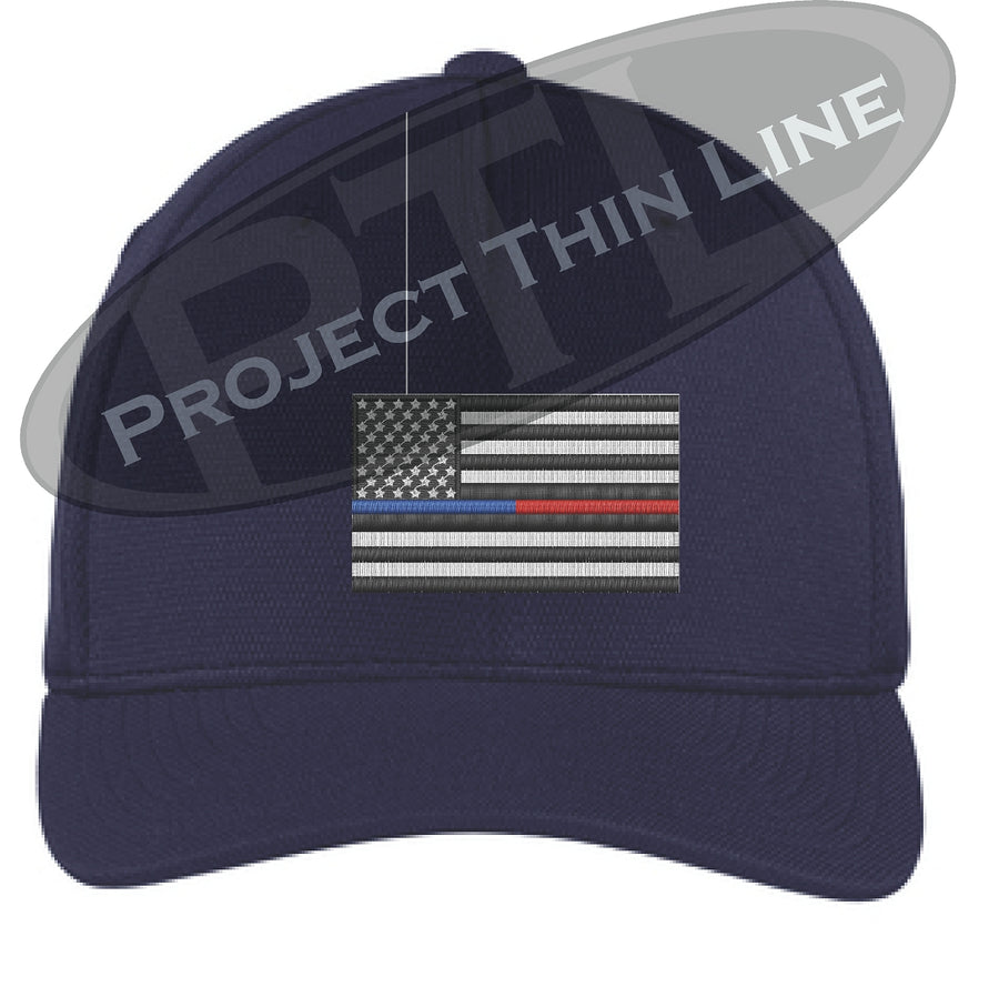 Black Embroidered Thin Blue / Red Line American Flag Flex Fit Fitted Trucker Hat