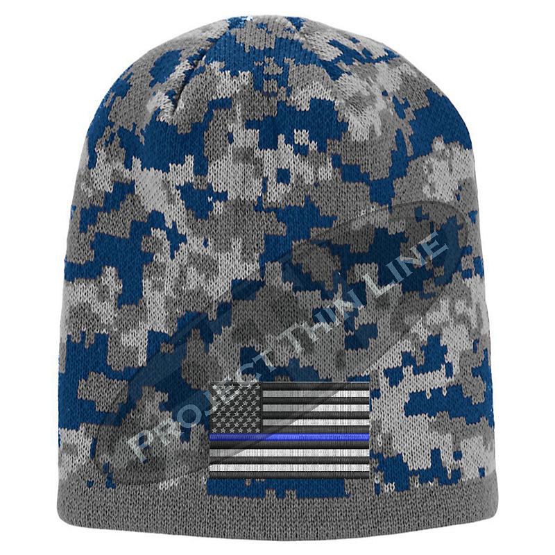 Blue Camouflage embroidered Subdued Thin BLUE Line American FLAG Skull Cap