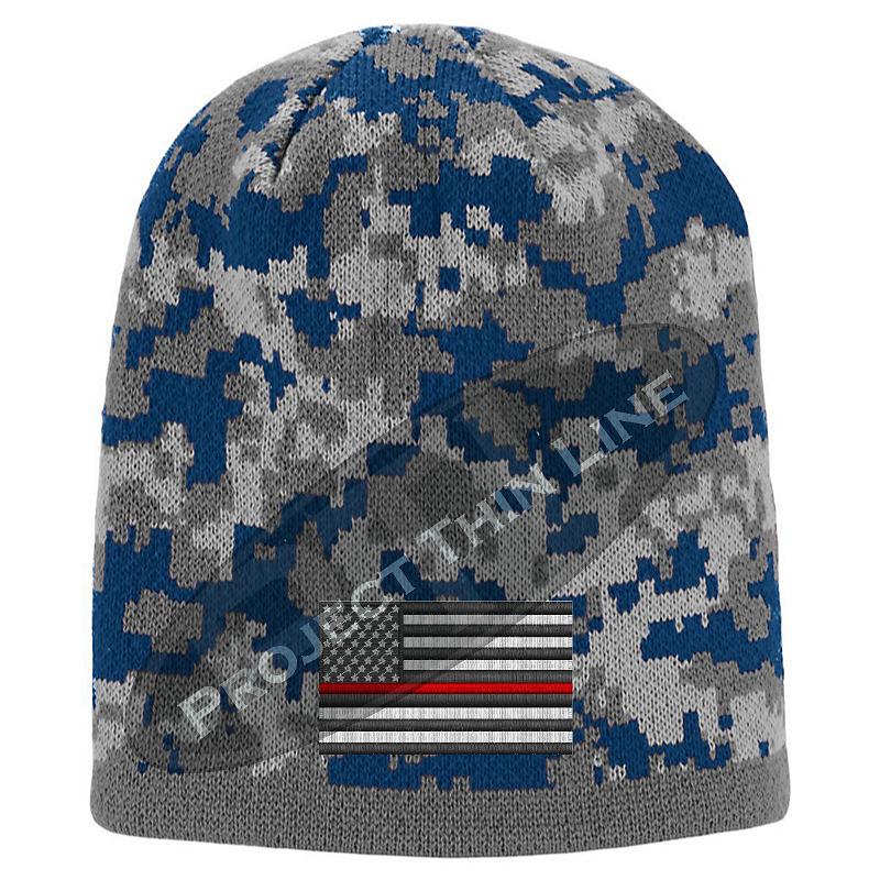 Blue Camouflage Thin RED Line American FLAG Skull Cap