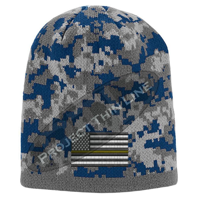 Blue Camo Thin YELLOW Line FLAG Skull Cap