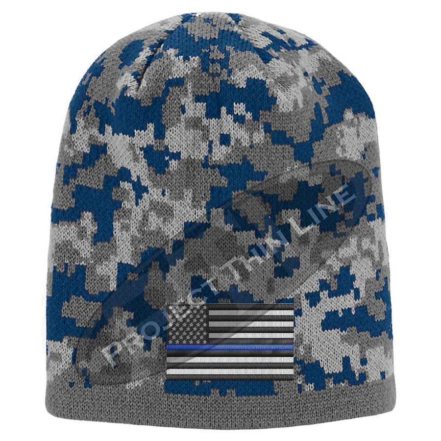 Camouflage embroidered Subdued Thin BLUE Line American FLAG Skull Cap