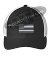 Black / White Embroidered Thin Blue American Flag Flex Fit Fitted TRUCKER Hat