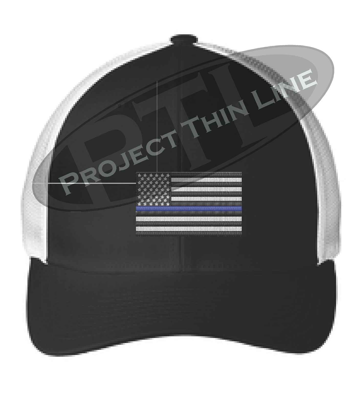 Black / White Embroidered Thin Blue American Flag Flex Fit Fitted TRUCKER Hat