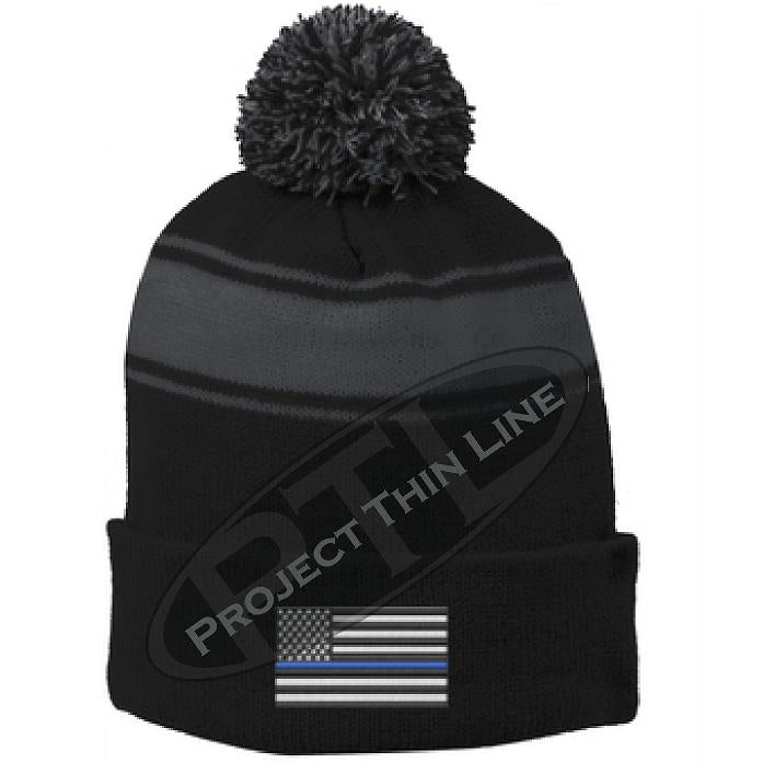 Thin BLUE Line Embroidered Flag Black Pom Pom Winter Hat