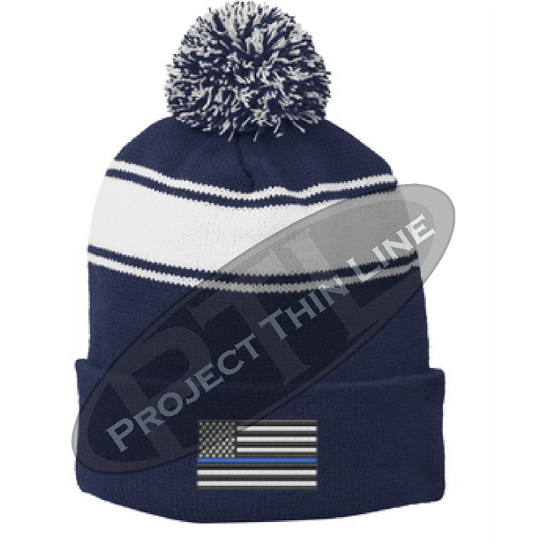 Thin BLUE Line Embroidered Flag BLUE Pom Pom Winter Hat