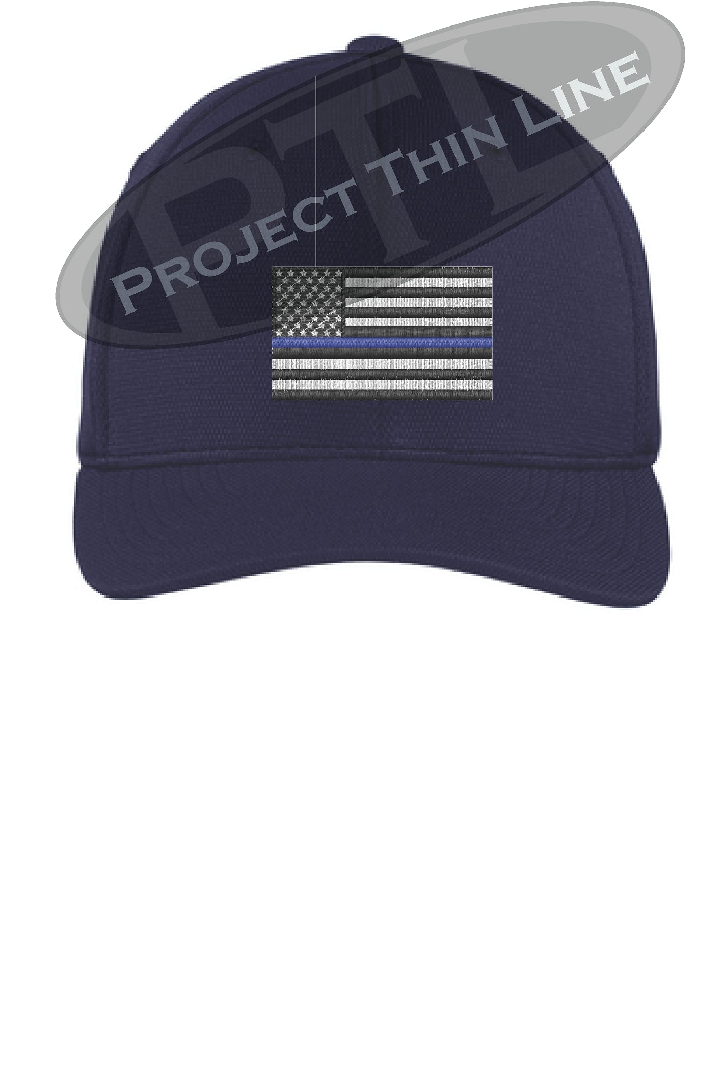 Navy Blue Embroidered Thin Blue American Flag Flex Fit Fitted TRUCKER Hat