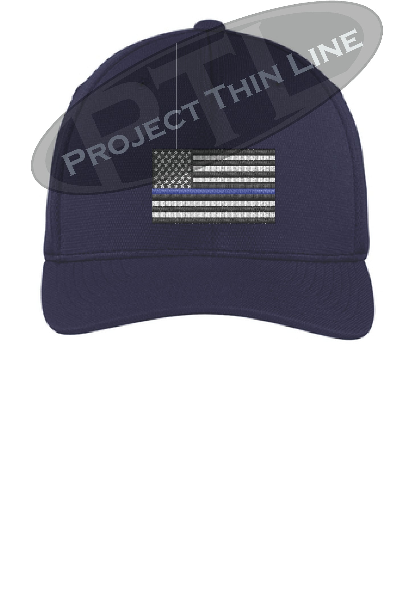 Navy Blue Embroidered Thin Blue American Flag Flex Fit Fitted Hat