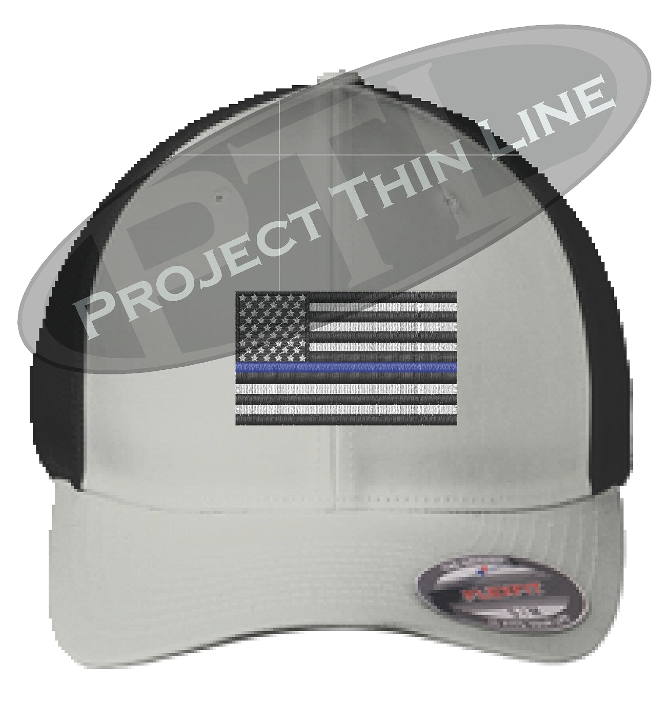 Grey / Black Embroidered Thin Blue American Flag Flex Fit Fitted TRUCKER Hat