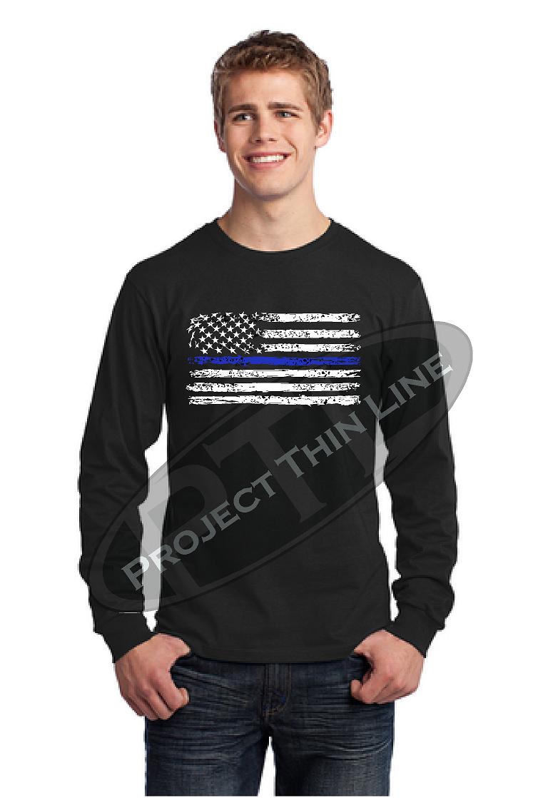 Thin BLUE Line Tattered Horizontal Flag Long Sleeve T-Shirt