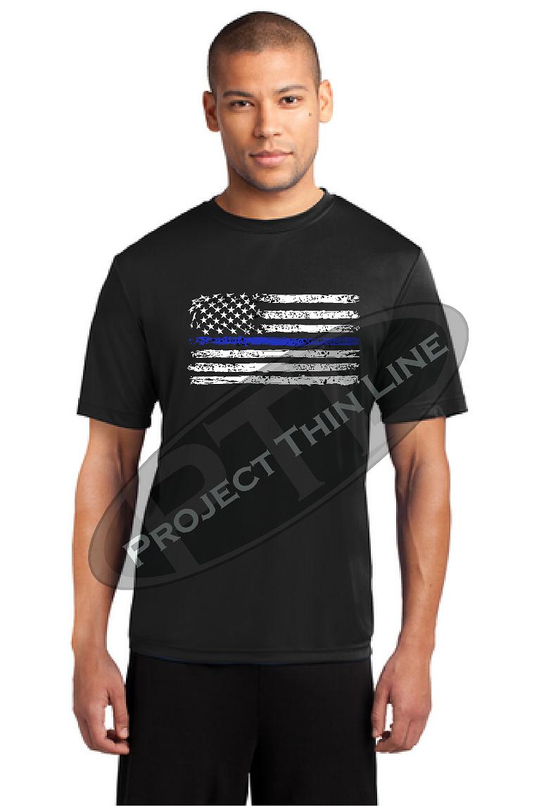 Thin BLUE Line Tattered Horizontal Flag Performance Short Sleeve Shirt