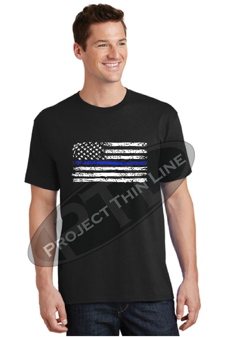 Thin BLUE Line Tattered Horizontal Flag Short Sleeve Shirt