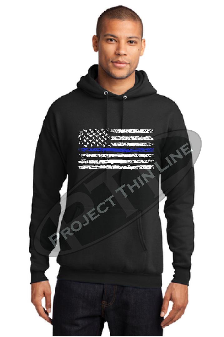 HIS / HERS - Thin BLUE Line Tattered Horizontal Flag Hooded Sweatshirt