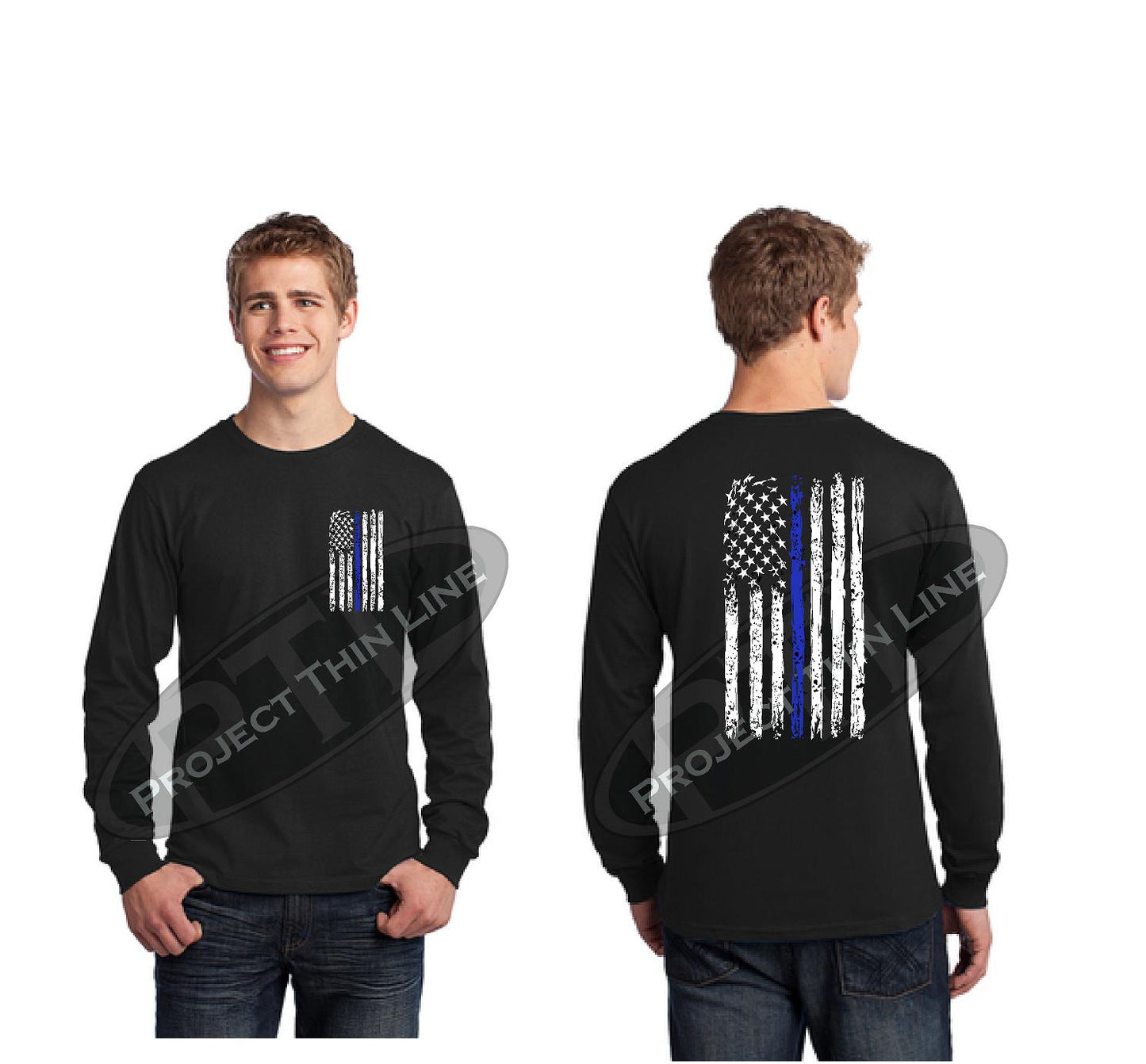 Black Thin BLUE Line Tattered American Flag Long Sleeve Shirt