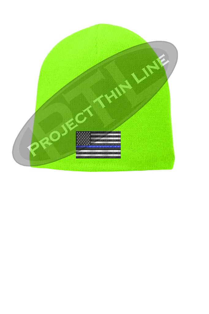 Thin BLUE Line Amercian Flag FLEECE LINED Skull Cap