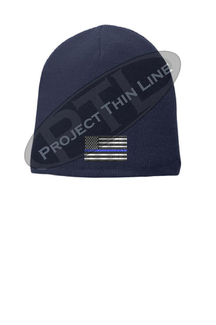 Thin BLUE Line Amercian Flag FLEECE LINED Skull Cap