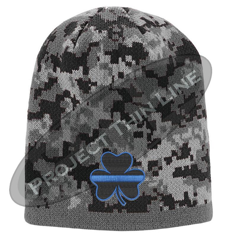 Black Camouflage Hat with Black Shamrock and Thin Blue Line design