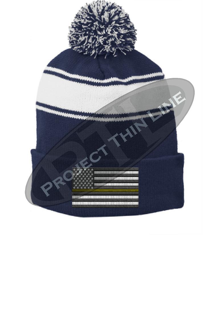 Thin GOLD Line Embroidered FLAG Blue Pom Pom Winter Hat