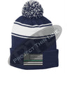 Thin GREEN Line Embroidered FLAG Blue Pom Pom Winter Hat