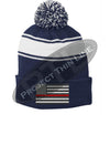 Thin RED Line Embroidered FLAG Blue Pom Pom Winter Hat