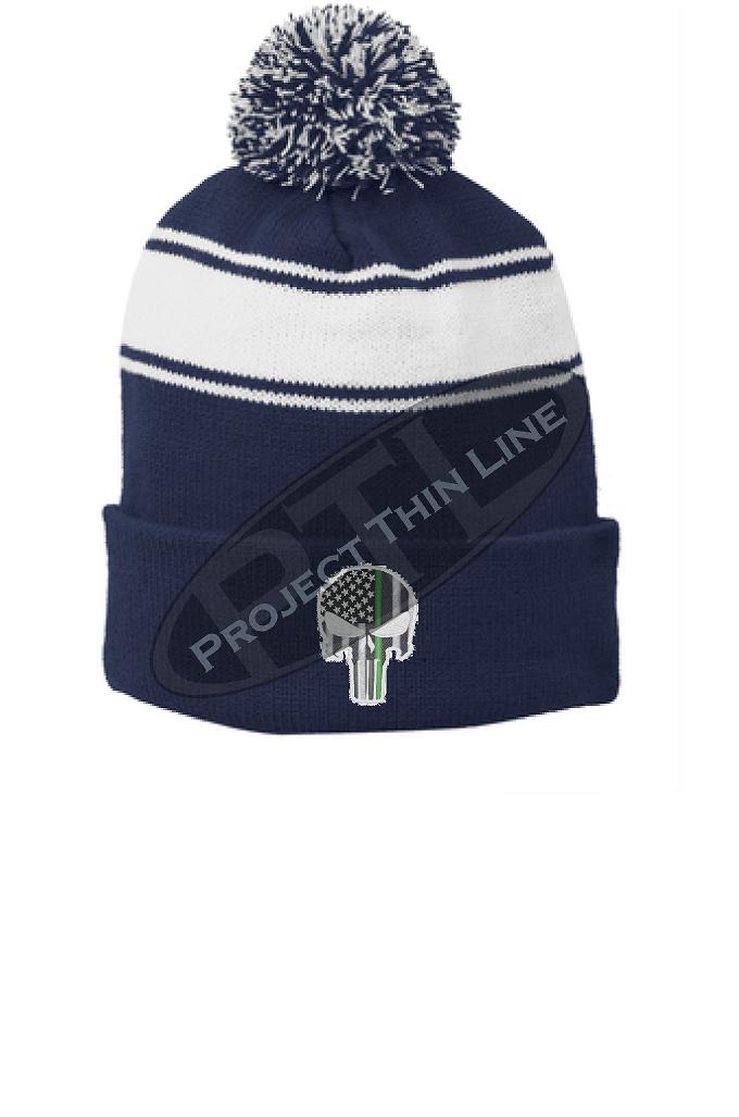 Thin GREEN Line Embroidered Skull Blue Pom Pom Winter Hat