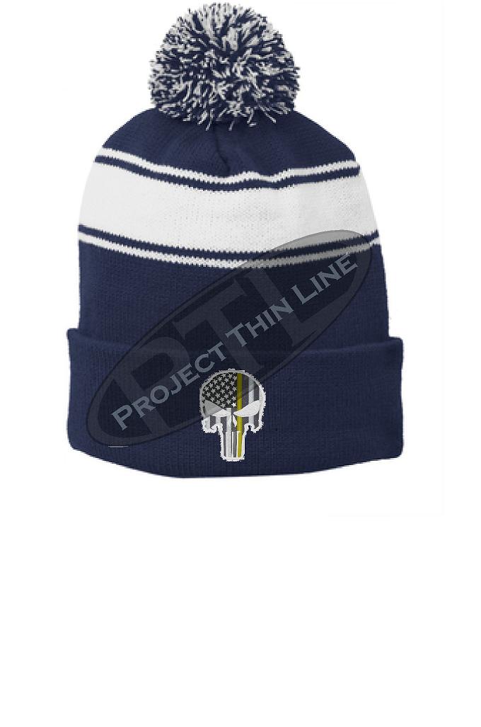 Thin GOLD Line Embroidered Skull Blue Pom Pom Winter Hat
