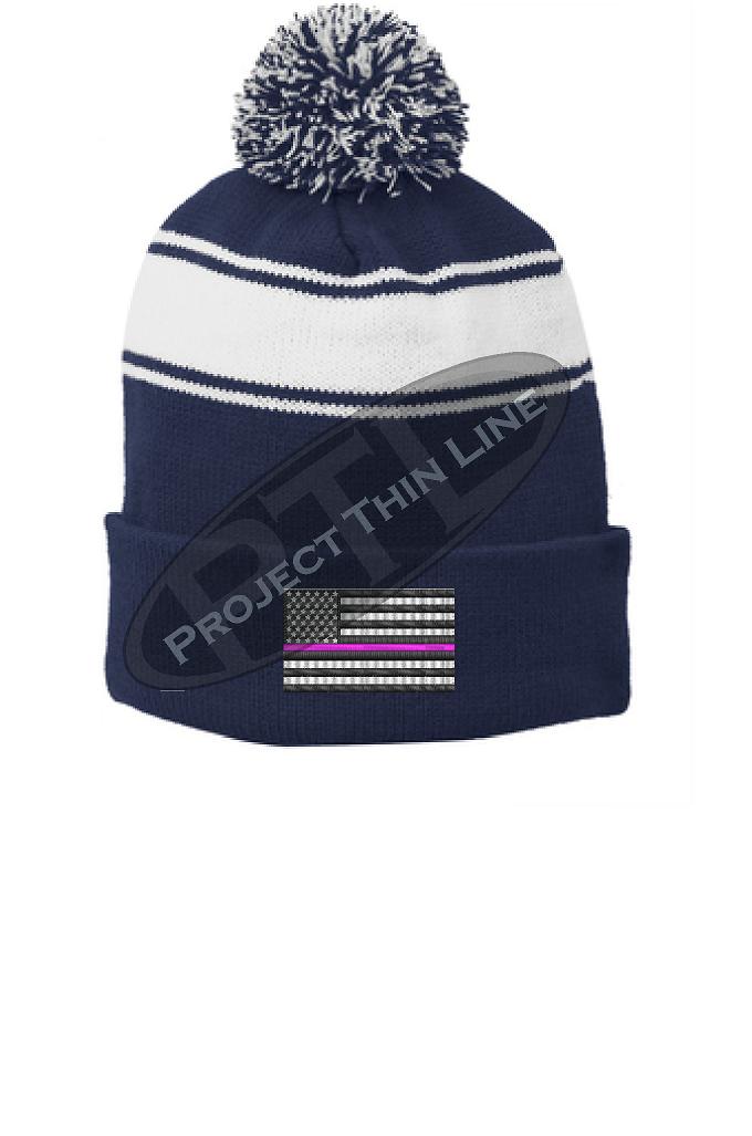 Thin PINK Line Embroidered FLAG Blue Pom Pom Winter Hat