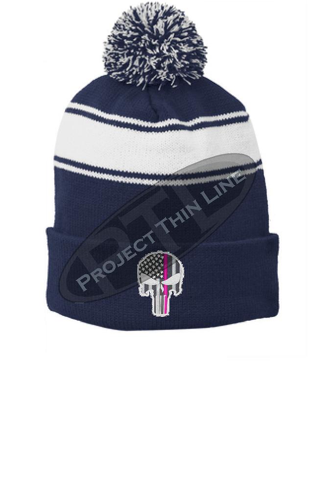 Thin PINK Line Embroidered SKULL Blue Pom Pom Winter Hat