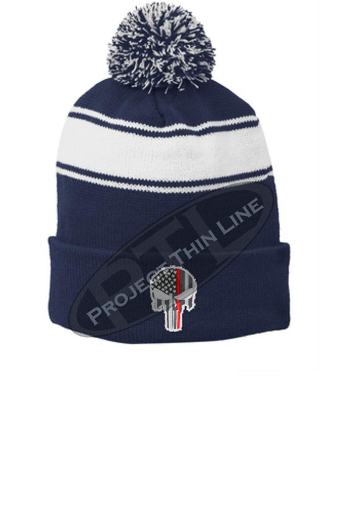 Thin RED Line Embroidered SKULL Blue Pom Pom Winter Hat