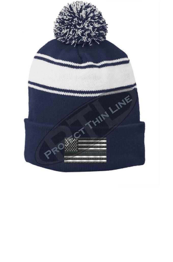 Thin SILVER Line Embroidered FLAG Blue Pom Pom Winter Hat