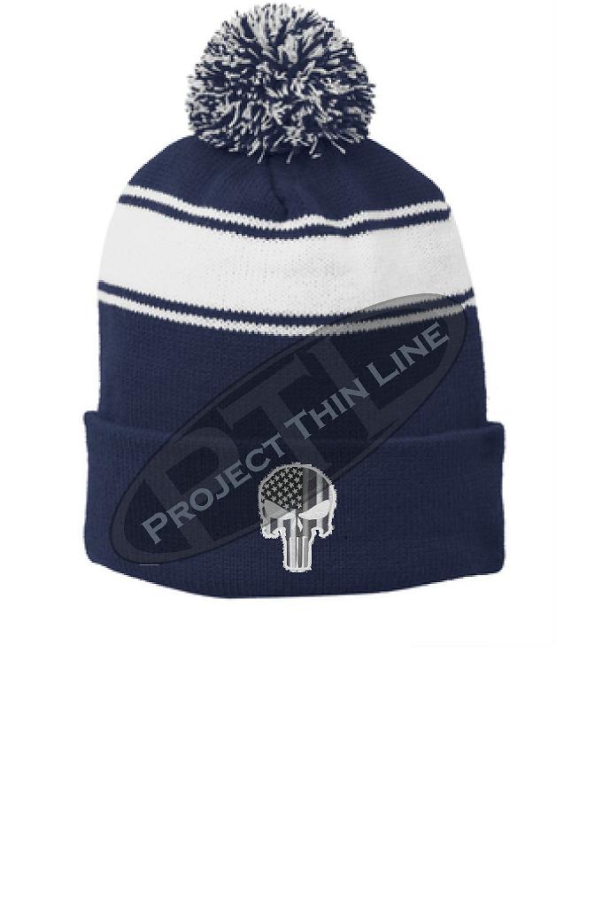Thin SILVER Line Embroidered Skull Blue Pom Pom Winter Hat