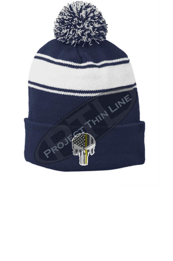 Thin Yellow Line Embroidered Punisher Skull Blue Pom Pom Winter Hat