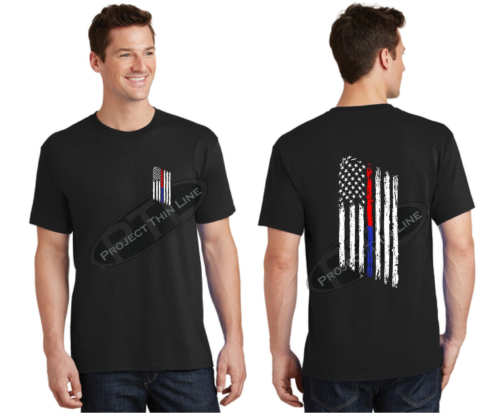 Black Thin BLUE / RED Line Tattered American FLAG Short Sleeve Shirt
