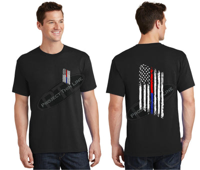 Black Thin BLUE / RED Line Tattered American FLAG Short Sleeve Shirt