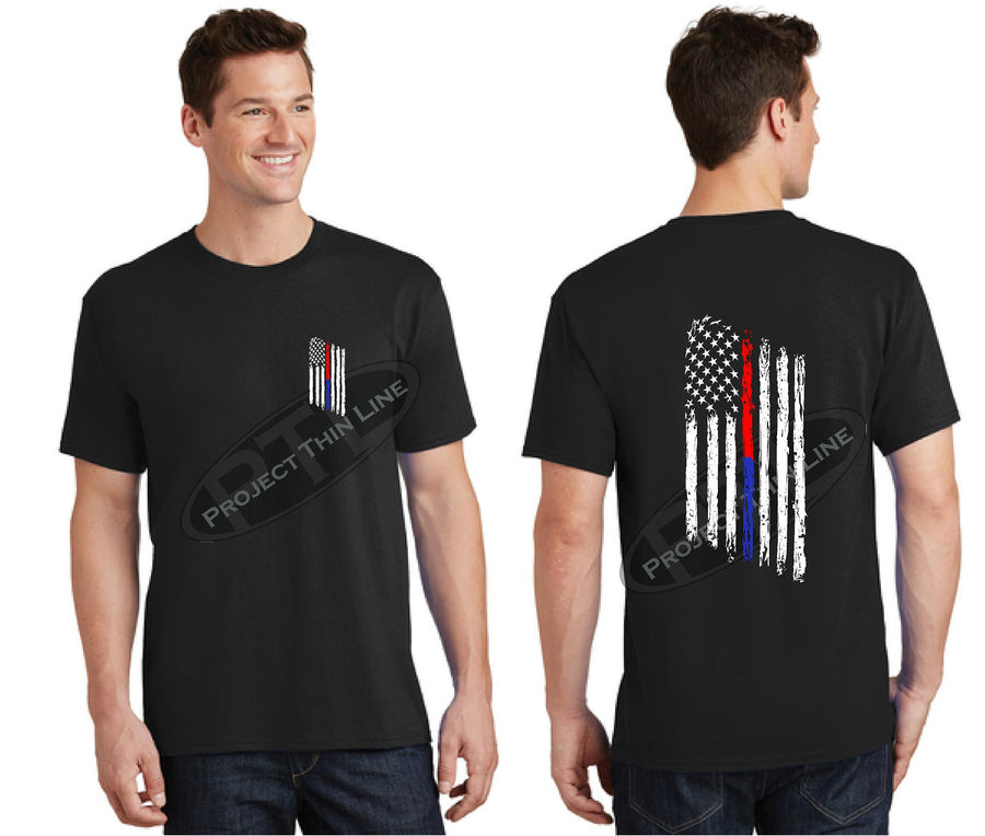 Black Thin BLUE / RED Line Tattered American Flag Short Sleeve Shirt