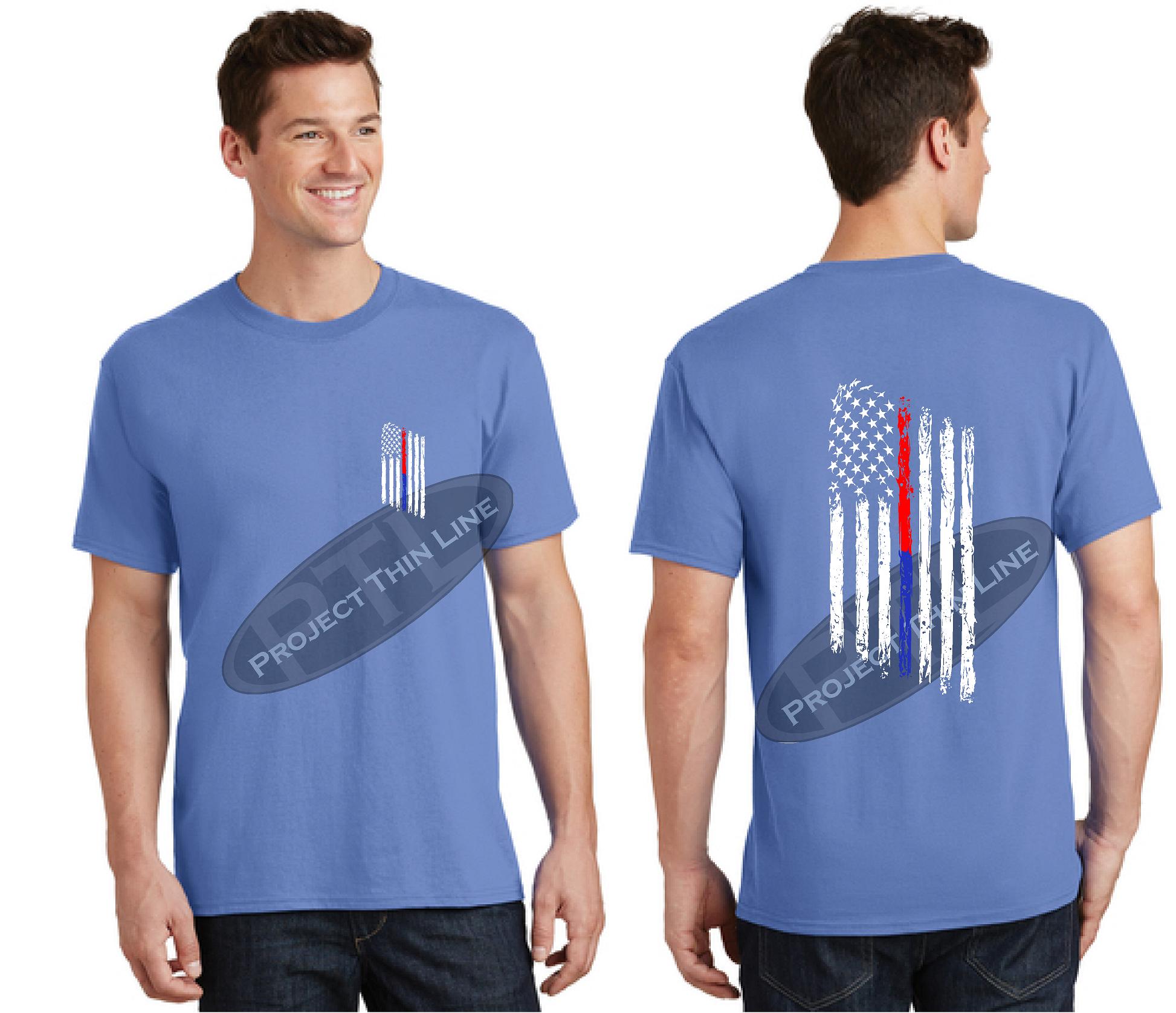 Thin BLUE RED Line Tattered American Flag Short Sleeve Shirt