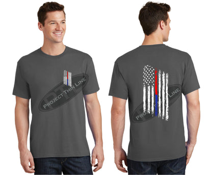 Charcoal Thin BLUE / RED Line Tattered American Flag Short Sleeve Shirt