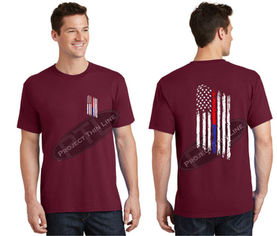 Red Thin BLUE / RED Line Tattered American Flag Short Sleeve Shirt