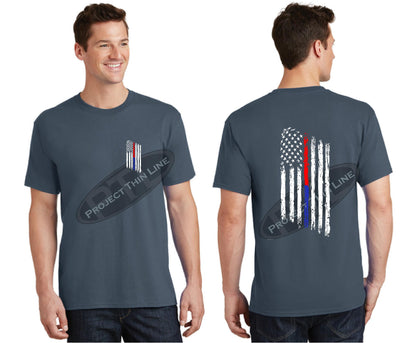 Steel Blue Thin BLUE / RED Line Tattered American Flag Short Sleeve Shirt