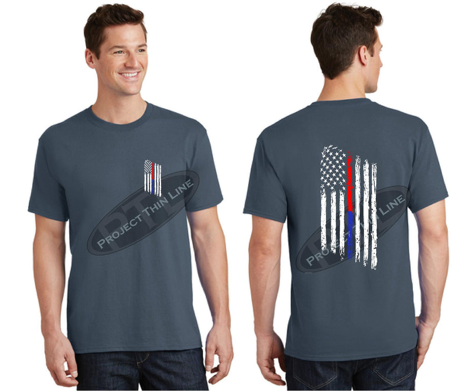Black Thin BLUE / RED Line Tattered American Flag Short Sleeve Shirt