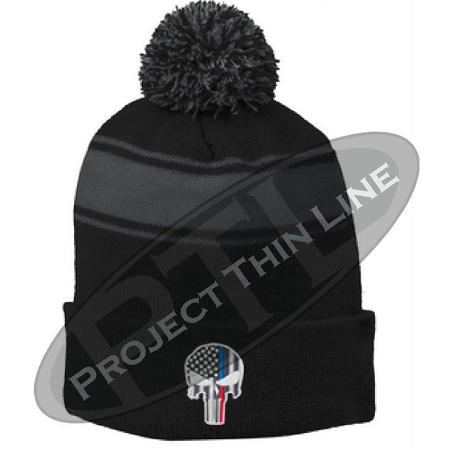 Thin BLUE / RED Line Embroidered Punisher Skull Black Pom Pom Winter Hat