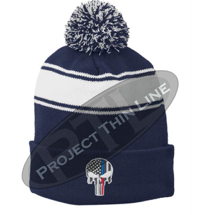 Thin BLUE / RED Line Embroidered Punisher Skull Blue Pom Pom Winter Hat