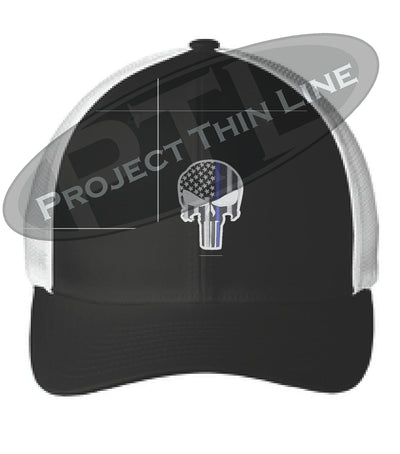 Black - White Embroidered Thin Blue Line Punisher Skull with American Flag Flex Fit TRUCKER Hat