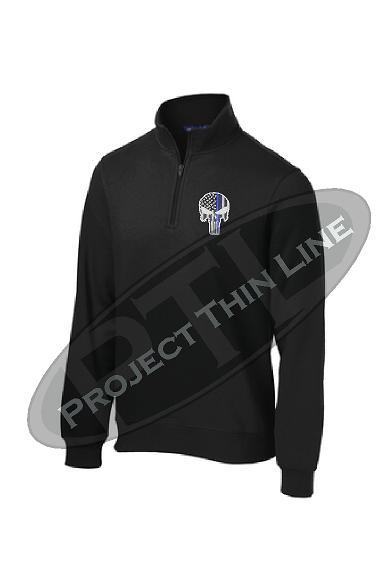 Black 1/4 Zip Fleece Sweatshirt Embroidered Thin Blue Line Punisher Skull inlayed with American Flag