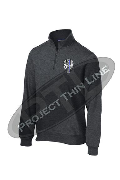Graphite Grey 1/4 Zip Fleece Sweatshirt Embroidered Thin Blue Line Punisher Skull inlayed with American Flag