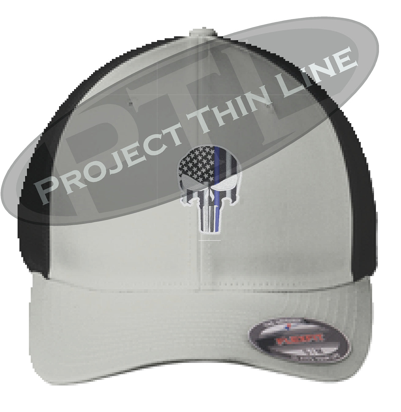 Light Grey - Black Embroidered Thin Blue Line Punisher Skull with American Flag Flex Fit TRUCKER Hat