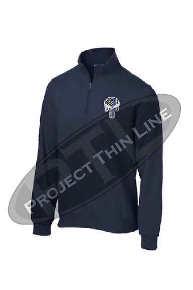 Navy blue 1/4 Zip Fleece Sweatshirt Embroidered Thin Blue Line Punisher Skull inlayed with American Flag