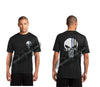 BLACK Thin BLUE Line Punisher Skull inlayed with Tattered American Flag Performance Short Sleeve Shirt