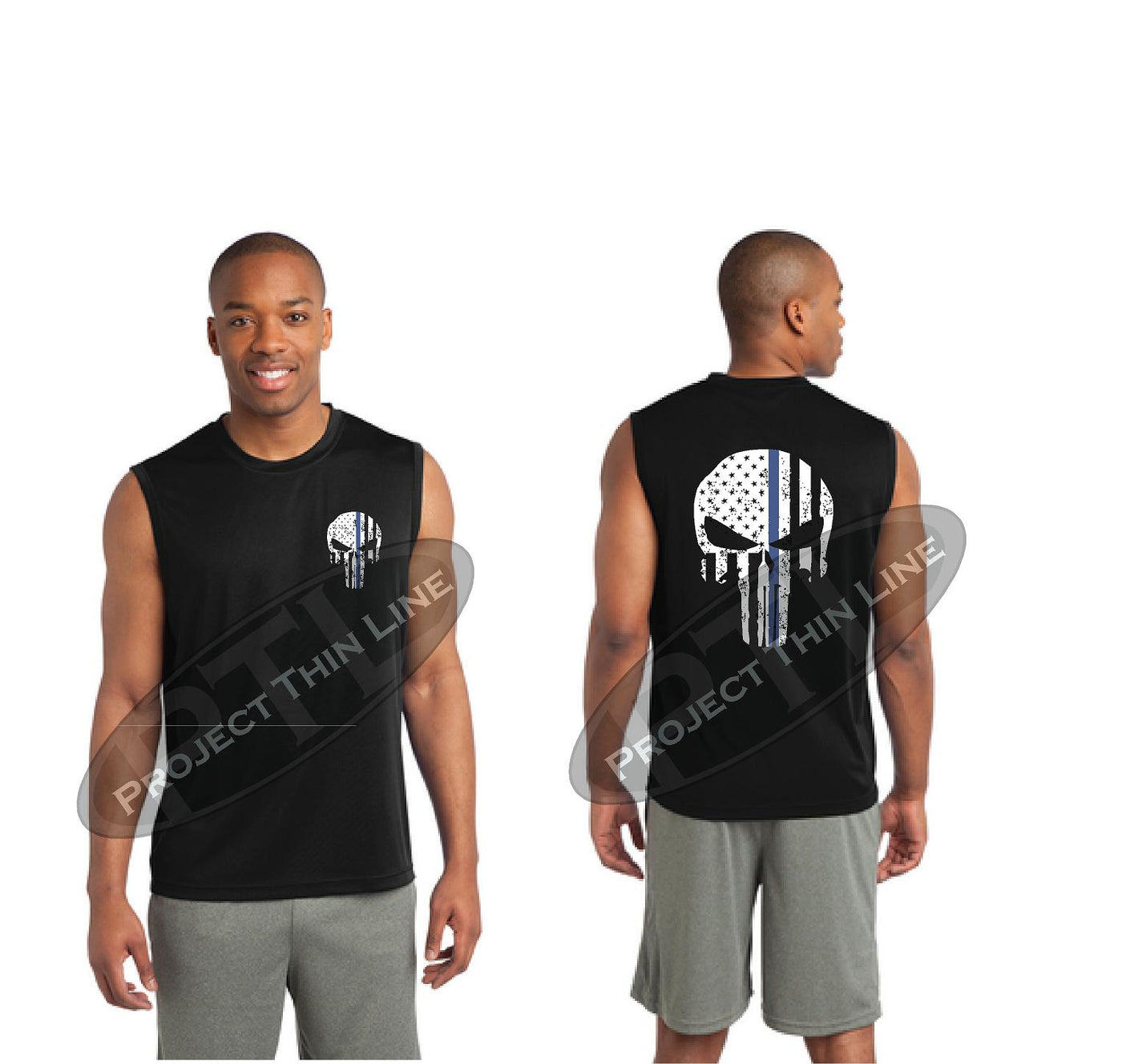 Thin BLUE Line Punisher Skull inlayed with Tattered American Flag Performance Tank Top