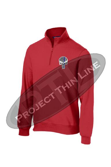 Red 1/4 Zip Fleece Sweatshirt Embroidered Thin Blue Line Punisher Skull inlayed with American Flag